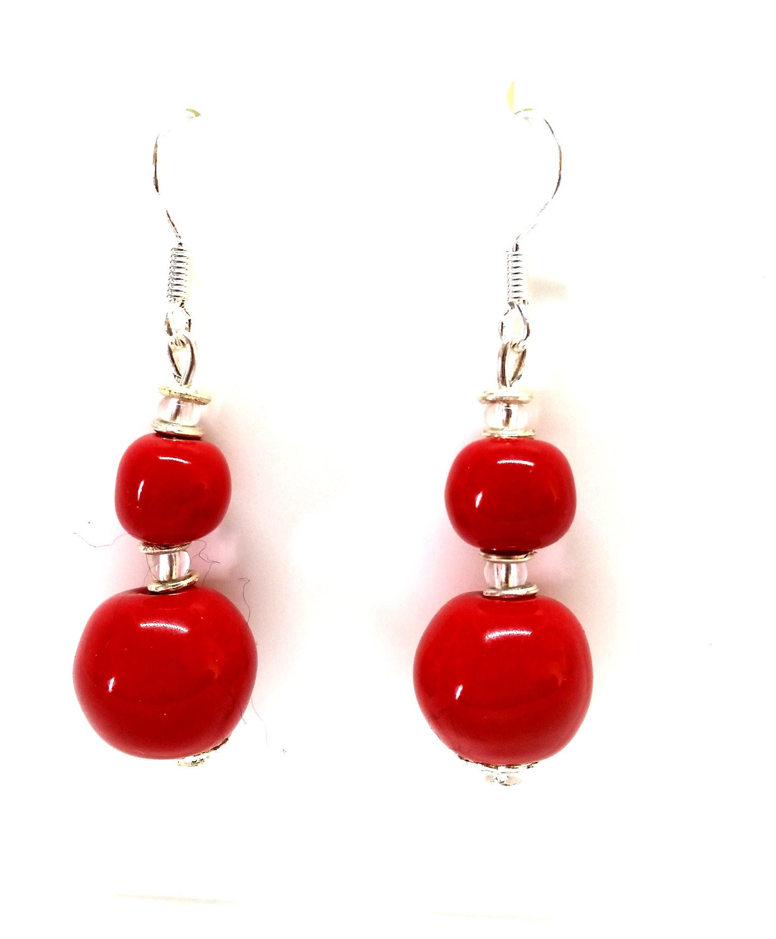 Bright Red dual drop hook earrings - Original Kazuri